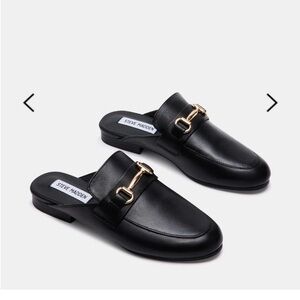 Steve Madden Black Leather Mules with Gold Buckle